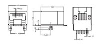 8 Position , 8 Contacts Surface Mount Right Angle Modular Jack Connector with Post